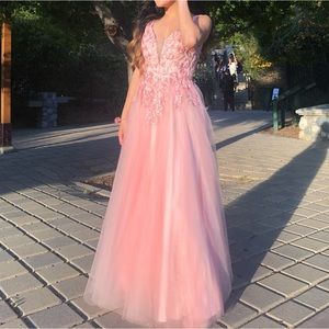 Pink Plunging V-Neck Floral Tulle Prom Dress